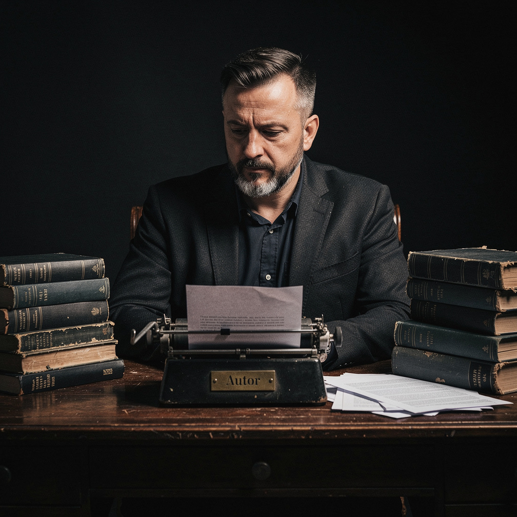 Croatian mystery novelist sitting at a dark wooden desk with a typewriter
