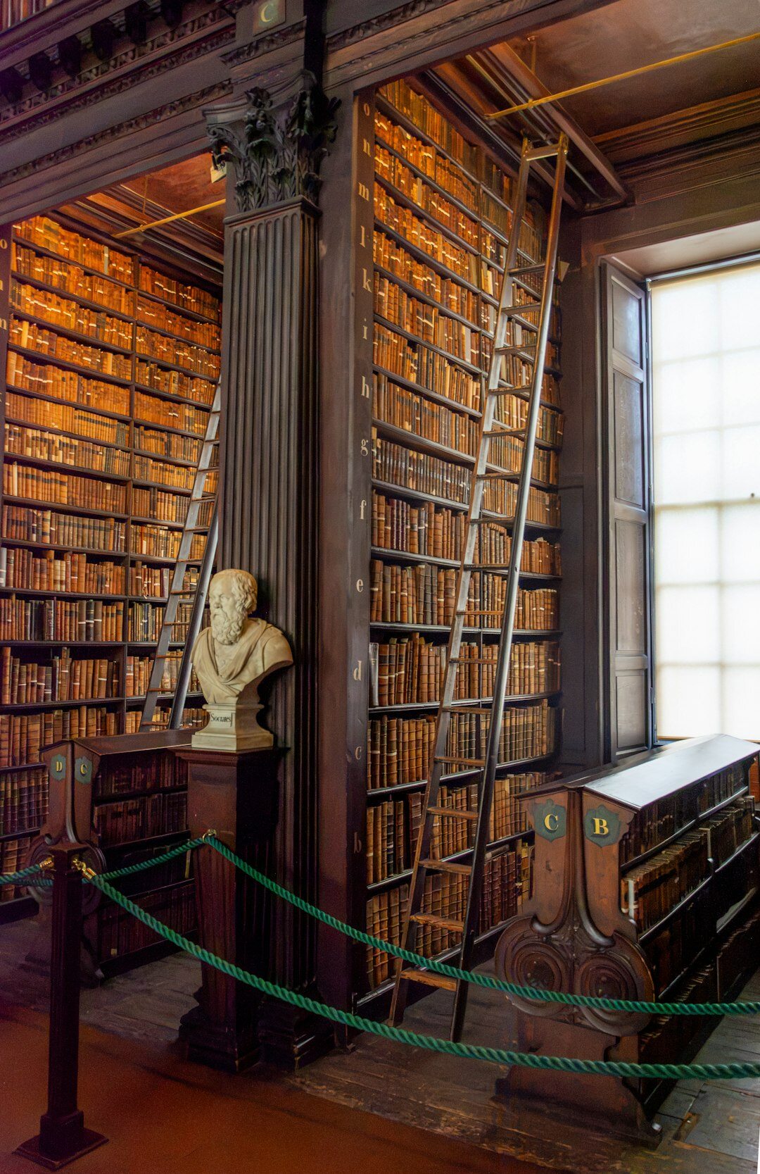 old library interior with dusty bookshelves